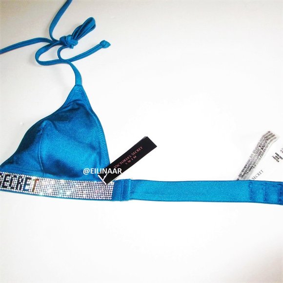 Victorias Secret Swim Shine Strap Bling Bikini Top Size S Logo Blue Small - Picture 4 of 5